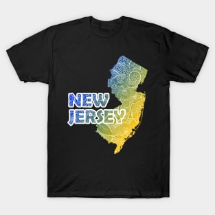 Colorful mandala art map of New Jersey with text in blue and yellow T-Shirt